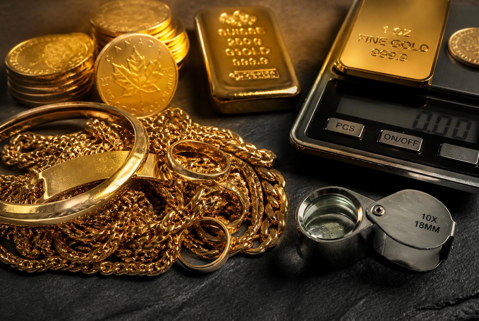 Gold chains, coins and bullion being weighed on a jeweler's scale